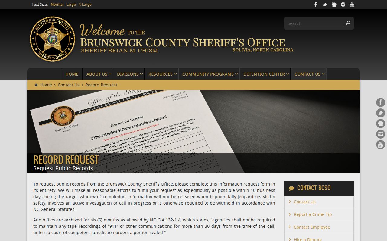 Brunswick County arrest record and booking photo request form
