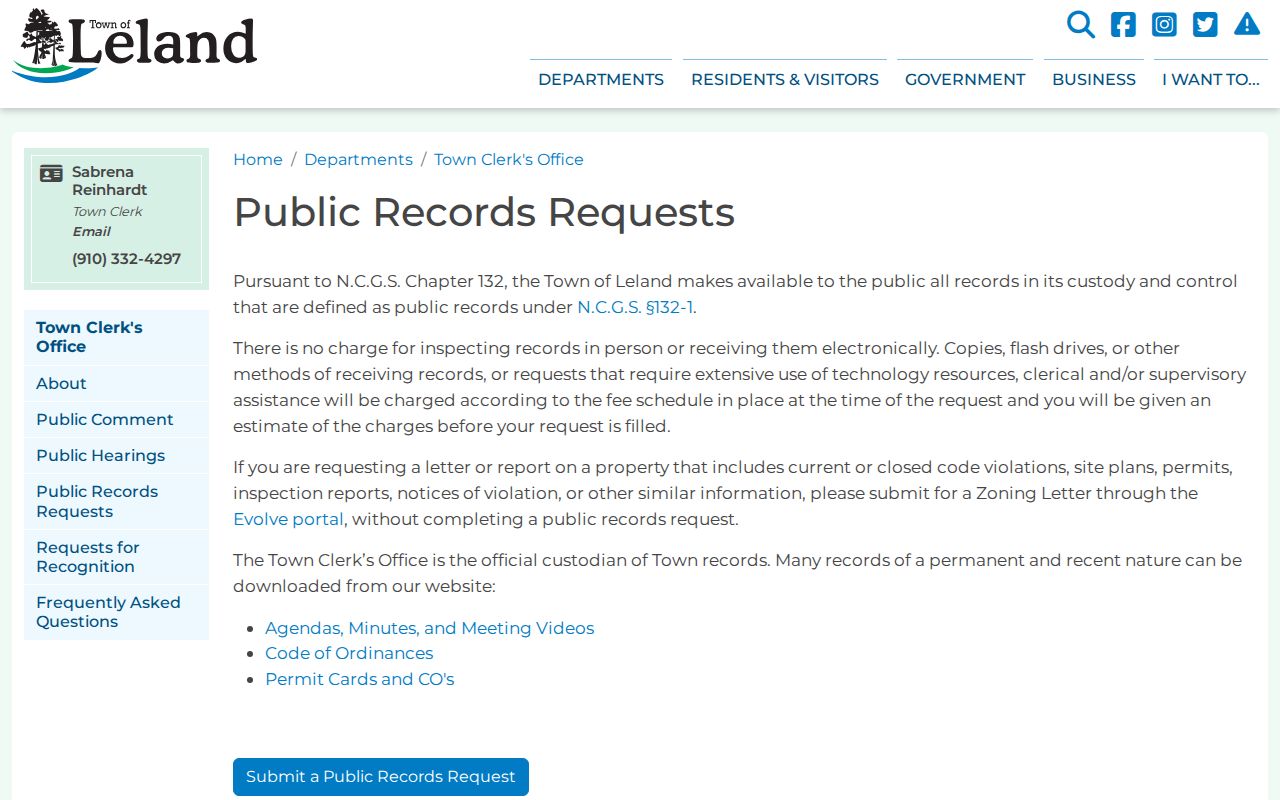 Town of Leland public records request page